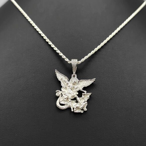 S925 Rhodium Finish St. Michael Angel - S925 Sterling Silver Rope Chain. - Picture 6 of 12